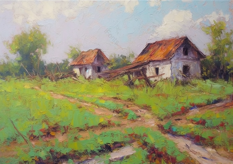 手绘抽象房屋绿色草地风景油画,插画/手绘图,插画/手绘图库,插画/手绘图下载,插画/手绘